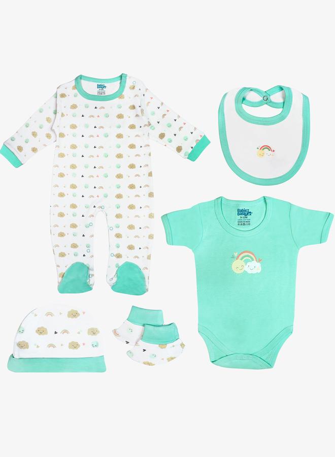 بابيز_بيسك طقم 5 قطع - مريلة، رومبر، قفازات، قبعة، وبدلة نوم - Image 1